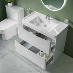 Harbour Clarity 900mm Floorstanding Vanity Unit & Basin - Gloss White -TAP WAREHOUSE Shop harbour clarity white gloss 900mm floorstanding vanity unit internal lifestyle