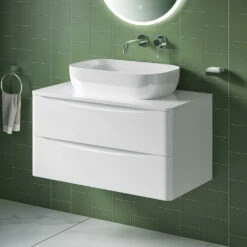 Harbour Clarity 900mm Wall Mounted Vanity Unit & Countertop - Bardolino Driftwood Oak -TAP WAREHOUSE Shop harbour clarity white gloss 900mm wallhung countertop vanity unit lifestyle