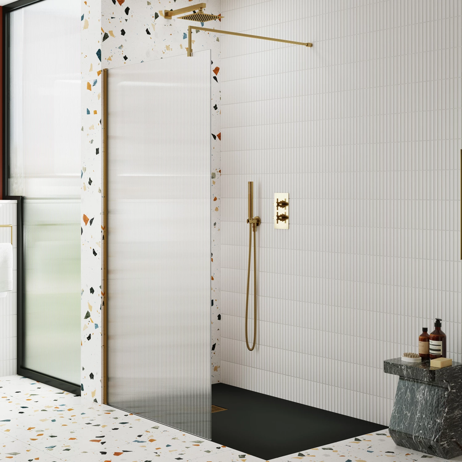 Harbour Contour Fluted Brushed Brass Glass Screen For Walk In Shower & Wetrooms - 1000mm 3 Harbour Contour Fluted Brushed Brass Glass Screen For Walk In Shower & Wetrooms - 1000mm