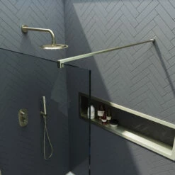 Harbour I10 10mm Easy Clean 2m Tall 600mm Wetroom Panel - Brushed Brass -TAP WAREHOUSE Shop harbour i10 shower panel brass detail