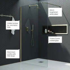 Harbour I10 10mm Easy Clean 2m Tall 600mm Wetroom Panel - Brushed Brass -TAP WAREHOUSE Shop harbour i10 shower panel brass feature call outs