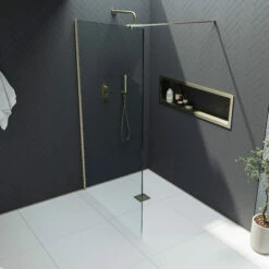 Harbour I10 10mm Easy Clean 2m Tall 600mm Wetroom Panel - Brushed Brass -TAP WAREHOUSE Shop harbour i10 shower panel brass top