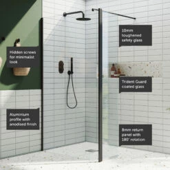 Harbour I10 10mm Easy Clean 2m Tall 1000mm Wetroom Panel & Hinged Return Panel - Matt Black -TAP WAREHOUSE Shop harbour i10 shower panel with return black feature call outs