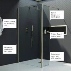 Harbour I10 10mm Easy Clean 2m Tall 1100mm Wetroom Panel & Hinged Return Panel - Brushed Brass 13 Harbour I10 10mm Easy Clean 2m Tall 1100mm Wetroom Panel & Hinged Return Panel - Brushed Brass -TAP WAREHOUSE Shop harbour i10 shower panel with return brass feature call outs