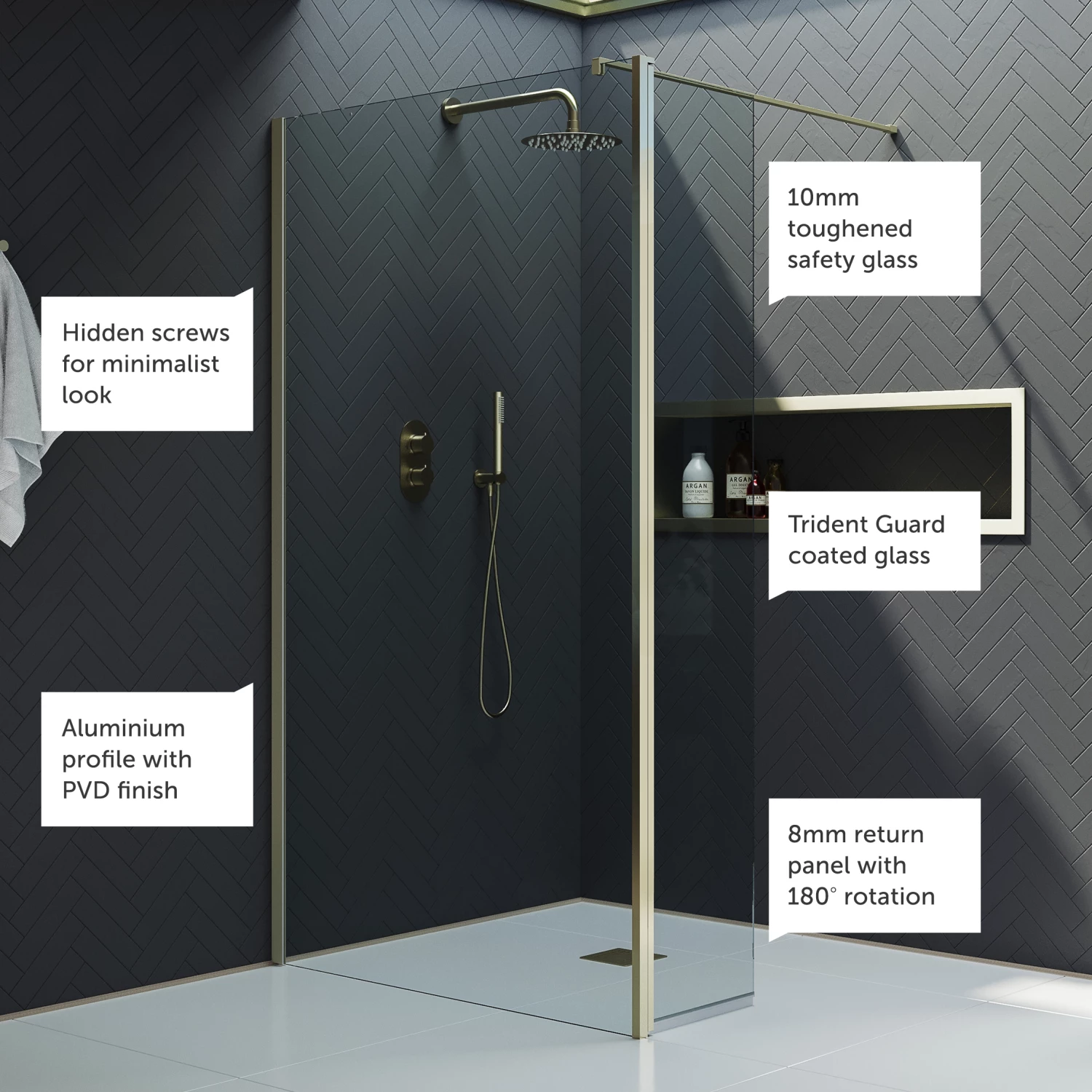 Harbour I10 10mm Easy Clean 2m Tall 1100mm Wetroom Panel & Hinged Return Panel - Brushed Brass 7 Harbour I10 10mm Easy Clean 2m Tall 1100mm Wetroom Panel & Hinged Return Panel - Brushed Brass - Image 5