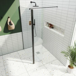 Harbour I10 10mm Easy Clean 2m Tall 1000mm Wetroom Panel & Hinged Return Panel - Matt Black -TAP WAREHOUSE Shop harbour i10 shower panel with return panel black top