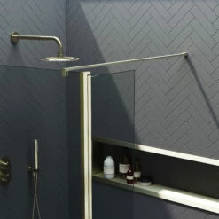 Harbour I10 10mm Easy Clean 2m Tall 1100mm Wetroom Panel & Hinged Return Panel - Brushed Brass 12 Harbour I10 10mm Easy Clean 2m Tall 1100mm Wetroom Panel & Hinged Return Panel - Brushed Brass -TAP WAREHOUSE Shop harbour i10 shower panel with return panel brass detail