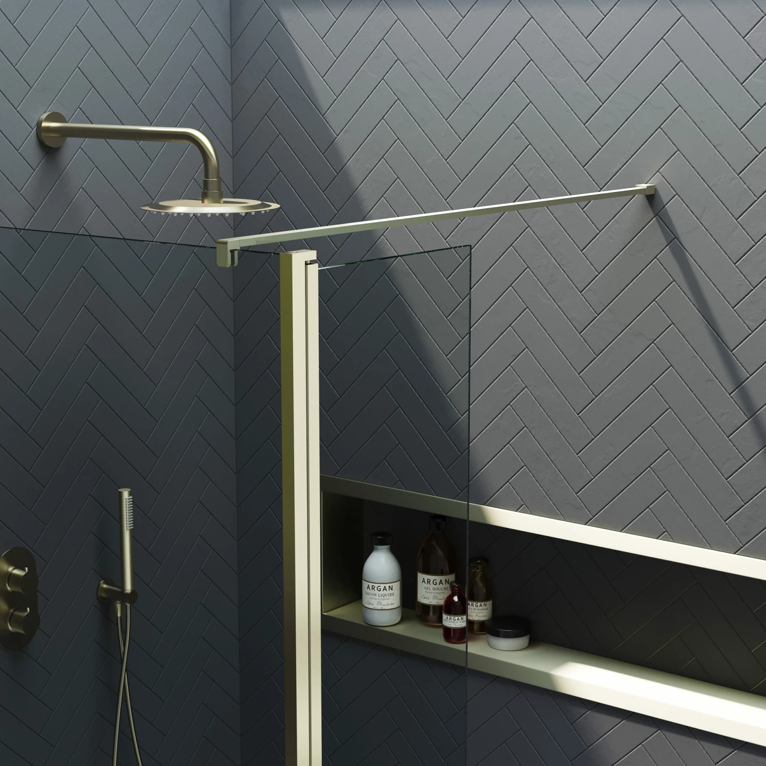 Harbour I10 10mm Easy Clean 2m Tall 1100mm Wetroom Panel & Hinged Return Panel - Brushed Brass 6 Harbour I10 10mm Easy Clean 2m Tall 1100mm Wetroom Panel & Hinged Return Panel - Brushed Brass - Image 4