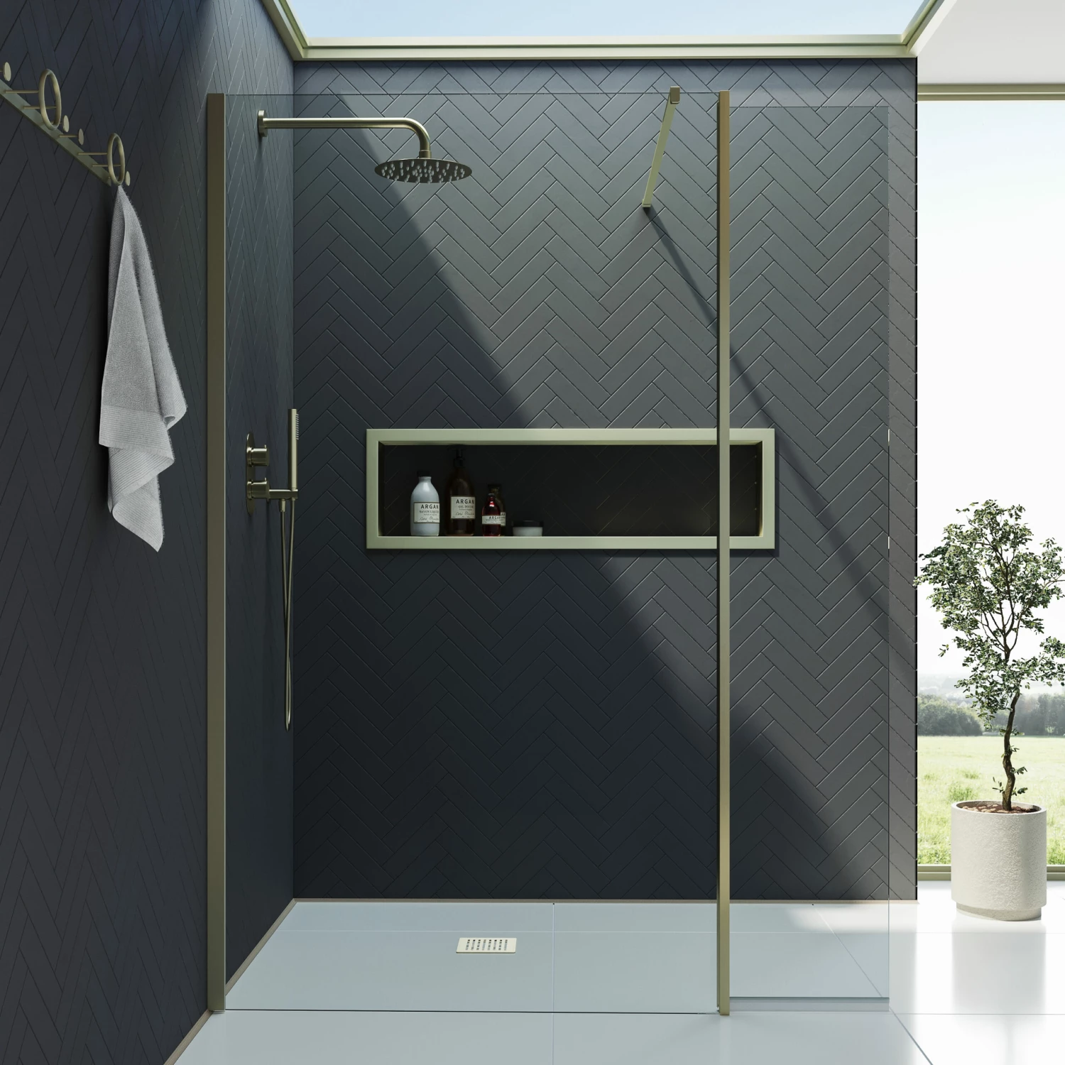 Harbour I10 10mm Easy Clean 2m Tall 1100mm Wetroom Panel & Hinged Return Panel - Brushed Brass 4 Harbour I10 10mm Easy Clean 2m Tall 1100mm Wetroom Panel & Hinged Return Panel - Brushed Brass - Image 2