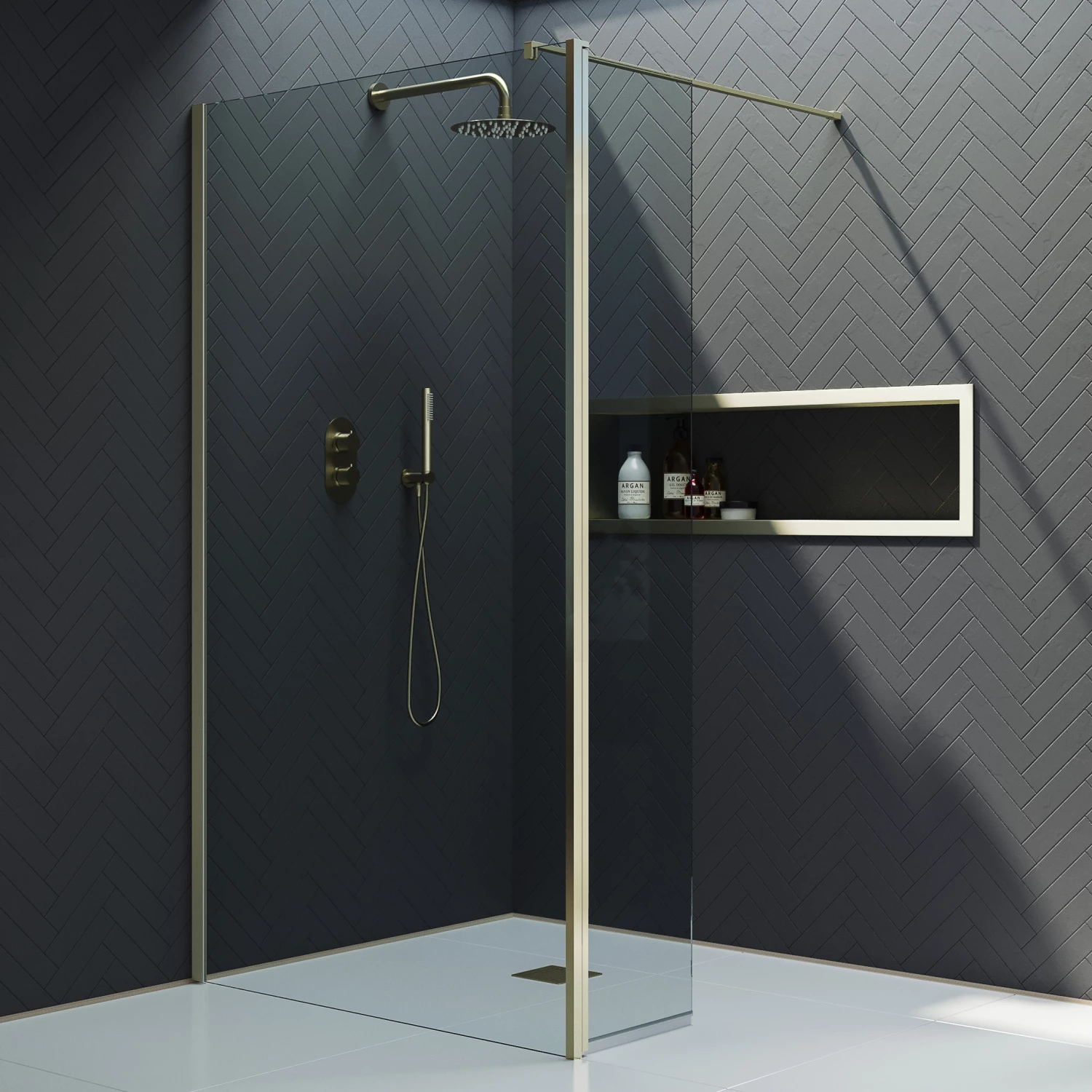 Harbour I10 10mm Easy Clean 2m Tall 1100mm Wetroom Panel & Hinged Return Panel - Brushed Brass 3 Harbour I10 10mm Easy Clean 2m Tall 1100mm Wetroom Panel & Hinged Return Panel - Brushed Brass