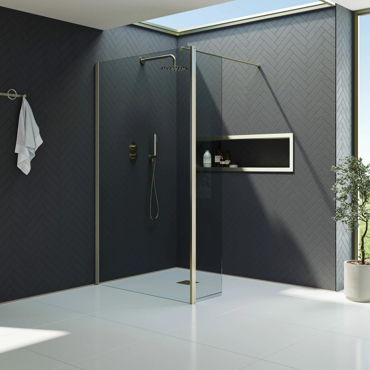 Harbour I10 10mm Easy Clean 2m Tall 1100mm Wetroom Panel & Hinged Return Panel - Brushed Brass 9 Harbour I10 10mm Easy Clean 2m Tall 1100mm Wetroom Panel & Hinged Return Panel - Brushed Brass - Image 7