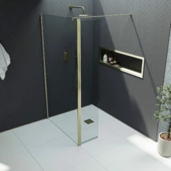 Harbour I10 10mm Easy Clean 2m Tall 1100mm Wetroom Panel & Hinged Return Panel - Brushed Brass 11 Harbour I10 10mm Easy Clean 2m Tall 1100mm Wetroom Panel & Hinged Return Panel - Brushed Brass -TAP WAREHOUSE Shop harbour i10 shower panel with return panel brass top