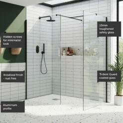 Harbour I10 10mm Easy Clean 2m Tall Wetroom 2 Panel Pack 1200mm X 700mm - Matt Black 13 Harbour I10 10mm Easy Clean 2m Tall Wetroom 2 Panel Pack 1200mm X 700mm - Matt Black -TAP WAREHOUSE Shop harbour i10 shower two panel enclosure black feature call outs v2