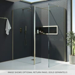 Harbour I10 10mm Easy Clean 2m Tall Wetroom 2 Panel Pack 760mm X 700mm - Brushed Brass 14 Harbour I10 10mm Easy Clean 2m Tall Wetroom 2 Panel Pack 760mm X 700mm - Brushed Brass -TAP WAREHOUSE Shop harbour i10 shower two panels with return brass banner