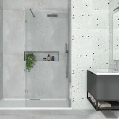 Harbour I8 700 8mm 2m Tall Easy Clean Wetroom Panel & 275mm Deflector Panel -TAP WAREHOUSE Shop harbour i8 8mm 2m tall easy clean wetroom panel hinged return panel lifestyle2