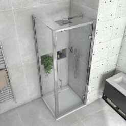 Harbour I8 Easy Clean 8mm Hinged Shower Door 700m & Side Panel 760mm -TAP WAREHOUSE Shop harbour i8 8mm square enclosure hinged door detail lifestyle