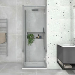 Harbour I8 Easy Clean 8mm Hinged Shower Door 700m & Side Panel 760mm -TAP WAREHOUSE Shop harbour i8 8mm square enclosure hinged door lifestyle2