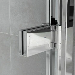 Harbour I8 Easy Clean 8mm Hinged Shower Door 700m & Side Panel 760mm -TAP WAREHOUSE Shop harbour i8 easy clean 8mm hinged shower door hinge detail lifestyle