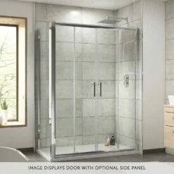 Harbour Primrose Easy Clean 6mm Double Sliding 1400mm Shower Door & 900mm Side Panel -TAP WAREHOUSE Shop harbour primrose 6mm double sliding shower door with side panel lifestyle overlay