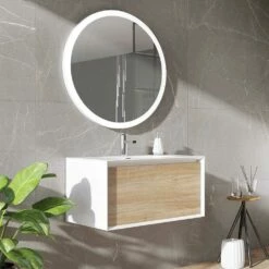 Harbour Scene 750mm Wall Mounted Vanity Unit & Basin - White/Oak -TAP WAREHOUSE Shop harbour scene 750mm wall basin unit white oak