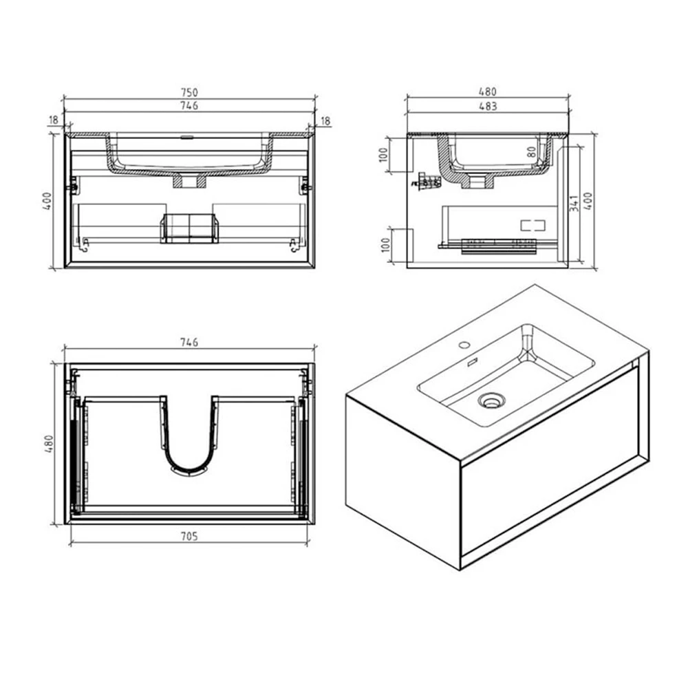 Harbour Scene 750mm Wall Mounted Vanity Unit & Basin - Black/Concrete 5 Harbour Scene 750mm Wall Mounted Vanity Unit & Basin - Black/Concrete - Image 3