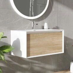 Harbour Scene 750mm Wall Mounted Vanity Unit & Basin - White/Oak