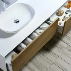 Harbour Scene 1200mm Wall Mounted Countertop Vanity Unit - White/Oak -TAP WAREHOUSE Shop harbour scene double drawer unit gloss white oak