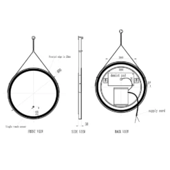 Harbour Status LED Illuminated Black Frame Round Mirror With Demister Pad, Colour Change LEDs & Strap - 600mm 11 Harbour Status LED Illuminated Black Frame Round Mirror With Demister Pad, Colour Change LEDs & Strap - 600mm -TAP WAREHOUSE Shop harbour status 600mm led black round mirror with strap technical drawing