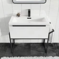 Harbour Status 800mm Wall Hung Vanity Unit & Basin - Gloss White With Matt Black Frame -TAP WAREHOUSE Shop harbour status 800 wall vanity unit black frame