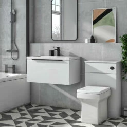 Harbour Status 800mm Wall Hung Vanity Unit & Basin - Gloss White With Matt Black Handle 12 Harbour Status 800mm Wall Hung Vanity Unit & Basin - Gloss White With Matt Black Handle -TAP WAREHOUSE Shop harbour status 800mm gloss white vanity unit black handle lifestyle2