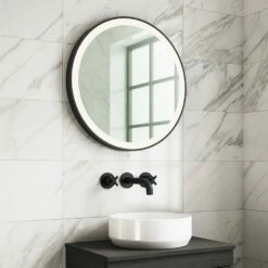 Harbour Status LED Illuminated Black Frame Round Mirror With Demister Pad & Colour Change LEDs - 800mm 12 Harbour Status LED Illuminated Black Frame Round Mirror With Demister Pad & Colour Change LEDs - 800mm -TAP WAREHOUSE Shop harbour status led black frame round mirror 600mm day lifestyle