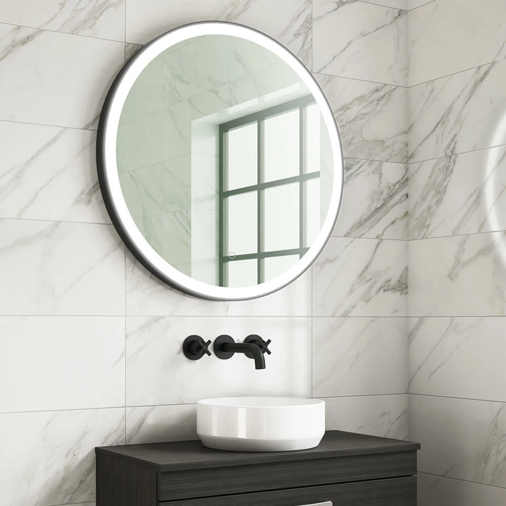 Harbour Status LED Illuminated Black Frame Round Mirror With Demister Pad & Colour Change LEDs - 800mm 3 Harbour Status LED Illuminated Black Frame Round Mirror With Demister Pad & Colour Change LEDs - 800mm