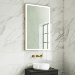 Harbour Status LED Illuminated Brushed Brass Framed Mirror With Demister Pad, Bluetooth & Colour Change LEDs - 600 X 1000mm -TAP WAREHOUSE Shop harbour status led brushed brass rectangular mirror bright lifestyle