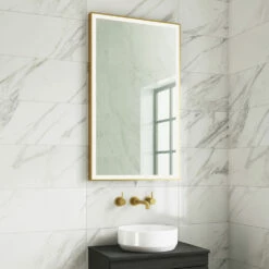 Harbour Status LED Illuminated Brushed Brass Framed Mirror With Demister Pad, Bluetooth & Colour Change LEDs - 600 X 1000mm