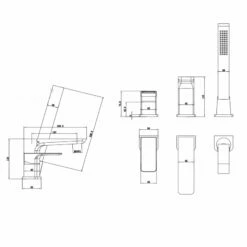 Harbour Status Matt Black 4 Hole Bath Mixer With Pull Out Handset -TAP WAREHOUSE Shop harbour status matt black 4 hole bath shower mixer tap tech drawing