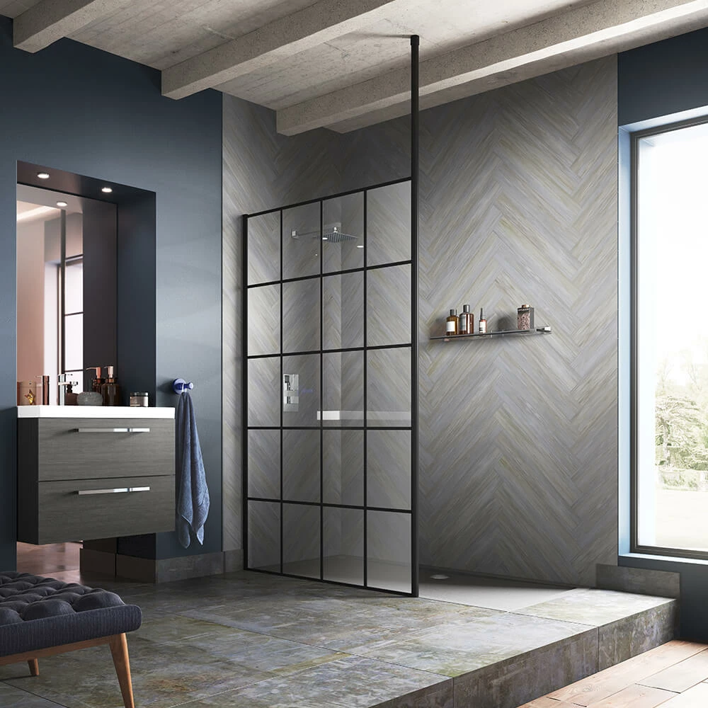 Vellamo City 8mm Easy Clean Matt Black Framed Freestanding Walk In Panel & Ceiling Posts - 700mm 4 Vellamo City 8mm Easy Clean Matt Black Framed Freestanding Walk In Panel & Ceiling Posts - 700mm - Image 2