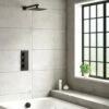 Harbour Status Matt Black Concealed Shower Valve, Fixed Wall Mounted Head & Overflow Bath Filler 1 Harbour Status Matt Black Concealed Shower Valve, Fixed Wall Mounted Head & Overflow Bath Filler -TAP WAREHOUSE Shop harbour status matt black overflow wall mounted shower lifestyle v2