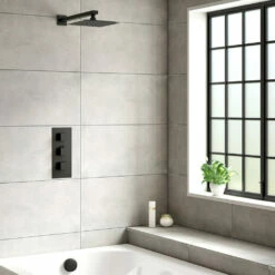 Harbour Status Matt Black Concealed Shower Valve, Fixed Wall Mounted Head & Overflow Bath Filler