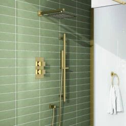 Harbour Status Brushed Brass Shower Package With 2 Outlet Valve, Fixed Head & Arm And Slide Rail Shower Kit