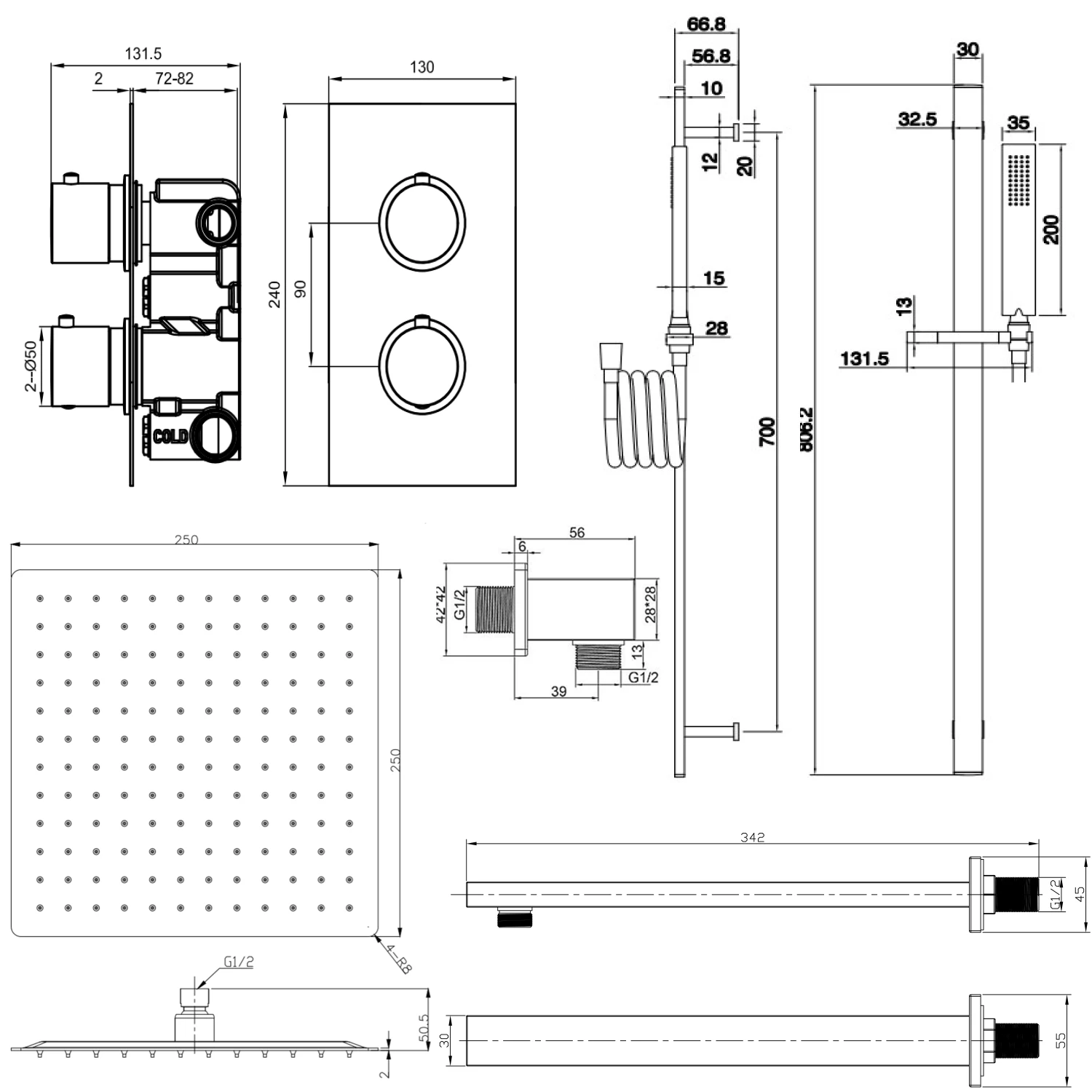 Harbour Status Brushed Brass Shower Package With 2 Outlet Valve, Fixed Head & Arm And Slide Rail Shower Kit 5 Harbour Status Brushed Brass Shower Package With 2 Outlet Valve, Fixed Head & Arm And Slide Rail Shower Kit - Image 3