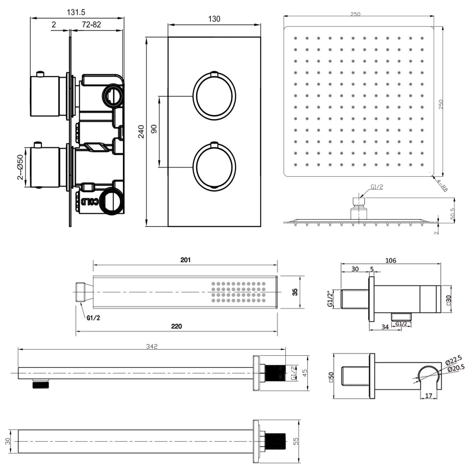 Harbour Status Brushed Brass Shower Package With 2 Outlet Valve, Fixed Head & Arm And Wall Shower Kit 5 Harbour Status Brushed Brass Shower Package With 2 Outlet Valve, Fixed Head & Arm And Wall Shower Kit - Image 3