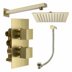 Harbour Status Brushed Brass Shower Package With 2 Outlet Valve, Fixed Head & Arm And Overflow Bath Filler 6 Harbour Status Brushed Brass Shower Package With 2 Outlet Valve, Fixed Head & Arm And Overflow Bath Filler -TAP WAREHOUSE Shop harbour status shower valve head arm filler pack brushed brass pack cutout