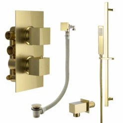 Harbour Status Brushed Brass Shower Package With 2 Outlet Valve, Slide Rail Kit And Overflow Bath Filler -TAP WAREHOUSE Shop harbour status shower valve slide rail kit and filler brushed brass pack cutout
