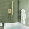 Harbour Status Brushed Brass Shower Package With 2 Outlet Valve, Slide Rail Kit And Overflow Bath Filler -TAP WAREHOUSE Shop harbour status shower valve slide rail kit and filler brushed brass pack lifestyle