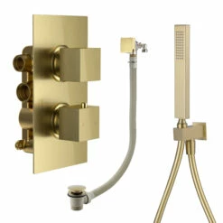 Harbour Status Brushed Brass Shower Package With 2 Outlet Valve, Wall Shower Kit And Overflow Bath Filler 8 Harbour Status Brushed Brass Shower Package With 2 Outlet Valve, Wall Shower Kit And Overflow Bath Filler -TAP WAREHOUSE Shop harbour status shower valve wall handset and filler brushed brass pack cutout