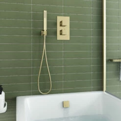 Harbour Status Brushed Brass Shower Package With 2 Outlet Valve, Wall Shower Kit And Overflow Bath Filler