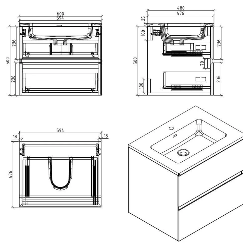 Harbour Substance 600mm 2 Drawer Wall Mounted Vanity Unit & White Basin - Concrete Effect 9 Harbour Substance 600mm 2 Drawer Wall Mounted Vanity Unit & White Basin - Concrete Effect - Image 7