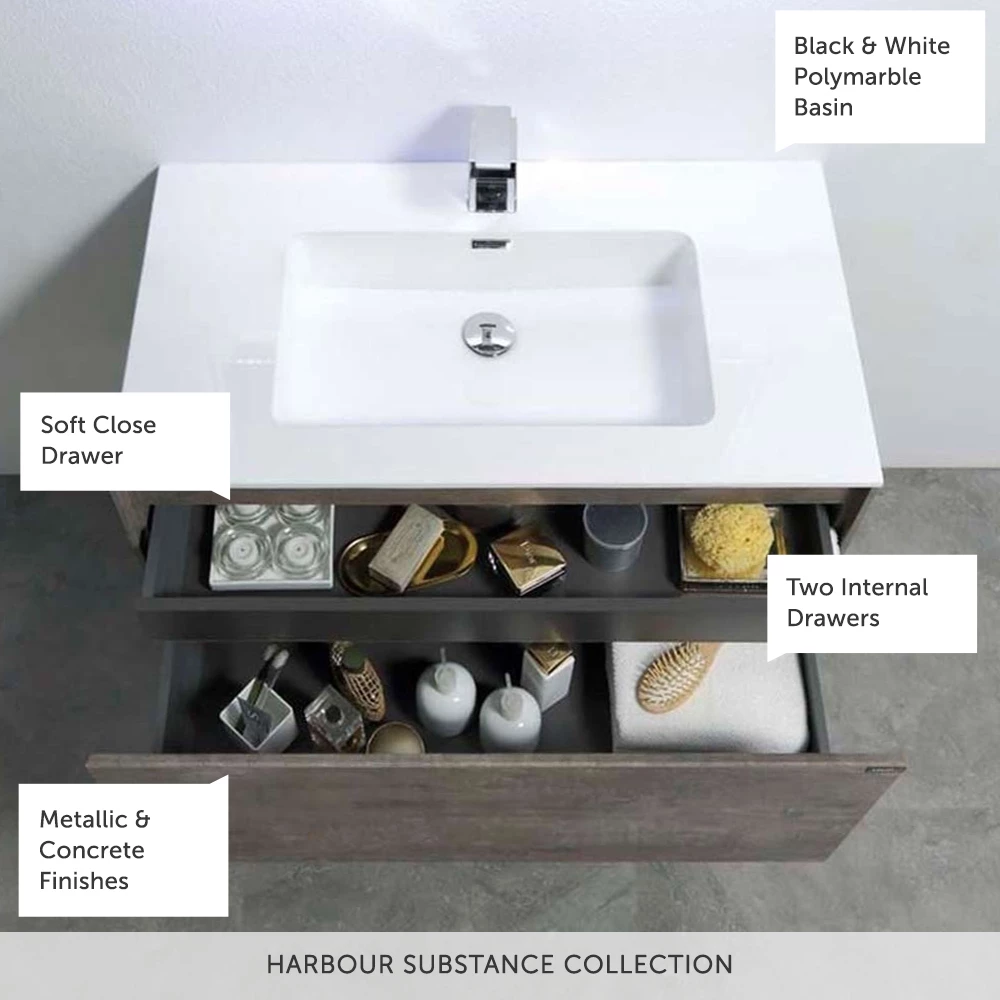 Harbour Substance 900mm 1 Drawer Wall Mounted Vanity Unit & Black Basin - Concrete Effect 8 Harbour Substance 900mm 1 Drawer Wall Mounted Vanity Unit & Black Basin - Concrete Effect - Image 6