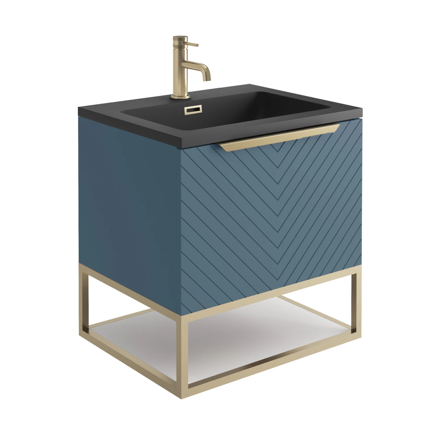 Harbour Symmetry 600mm Wall Hung Vanity Unit With Brushed Brass Frame Shelf And Handle - Grey Basin & Matt Twilight Blue Unit 5 Harbour Symmetry 600mm Wall Hung Vanity Unit With Brushed Brass Frame Shelf And Handle - Grey Basin & Matt Twilight Blue Unit - Image 3