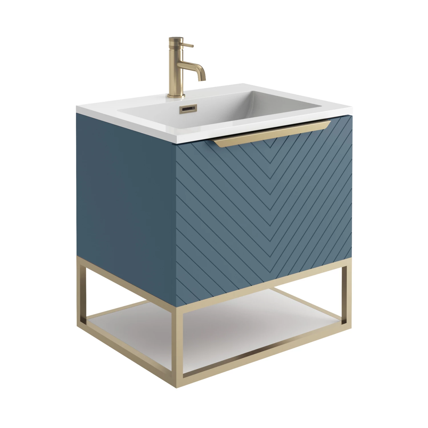Harbour Symmetry 600mm Wall Hung Vanity Unit With Brushed Brass Frame Shelf And Handle - Grey Basin & Matt Twilight Blue Unit 6 Harbour Symmetry 600mm Wall Hung Vanity Unit With Brushed Brass Frame Shelf And Handle - Grey Basin & Matt Twilight Blue Unit - Image 4